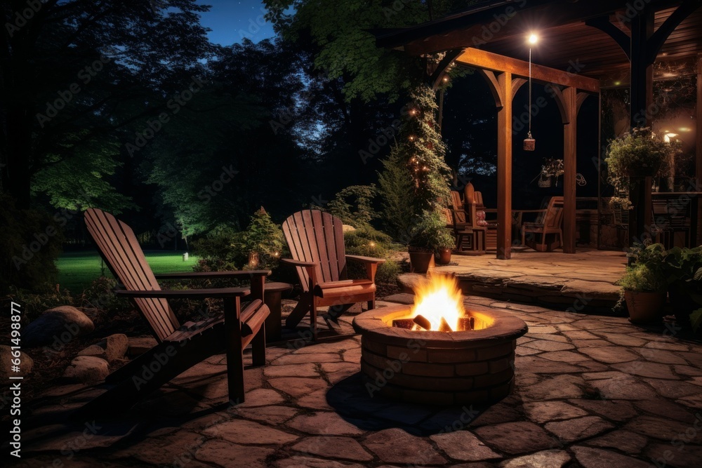 Patio bonfire scene incorporating wooden seatings garnished with greenery. Garden trimmings liven up the peaceful setting. Generate Ai