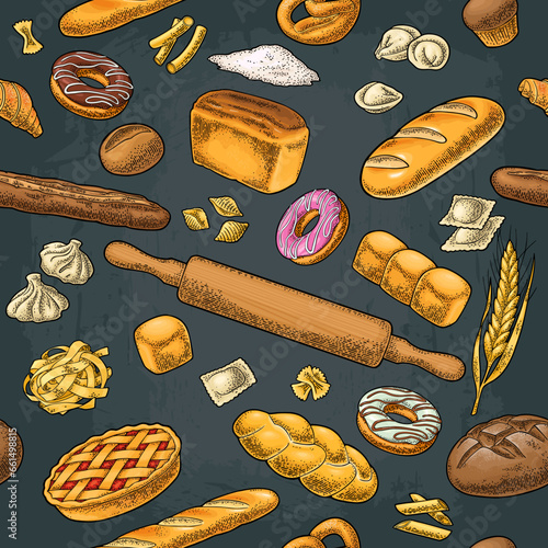 Seamless pattern with bread. Vector vintage engraving for bakery shop