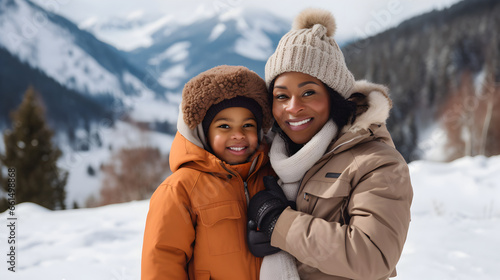 Black African American mother with smiling son at a ski resort wearing winter clothes, view of mountains and snow in the background, winter snow Christmas season
