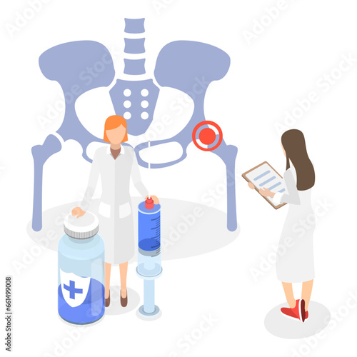3D Isometric Flat Vector Illustration of Hip Joint Cortisone Injection, Bones of the Pelvis and Hip, Human Anatomy. Item 2