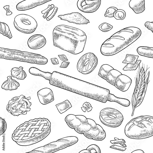 Seamless pattern with bread. Vector vintage engraving for bakery shop