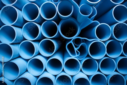 Stacked plastic PVC pipes in blue for construction or plumbing on concrete background. Generative AI