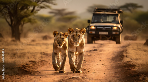Two lionesses walk on dirt road in front of safari jeep photo