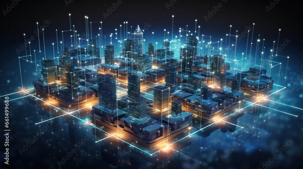 Big data connection technology. Cityscape telecommunication and communication network concept. Smart city and digital transformation. - obrazy, fototapety, plakaty 