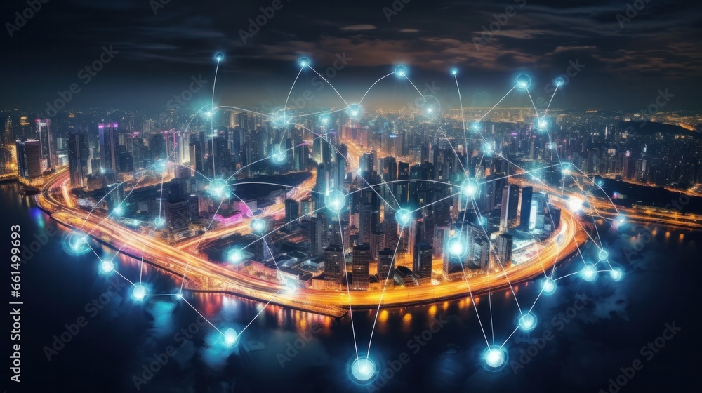 Big data connection technology. Cityscape telecommunication and communication network concept. Smart city and digital transformation.