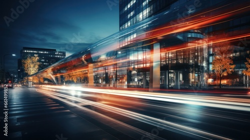 Light trails on the modern building background. Light trails at night in urban environment, Abstract Motion Blur City, traffic, transportation, street, road, speed. © pinkrabbit