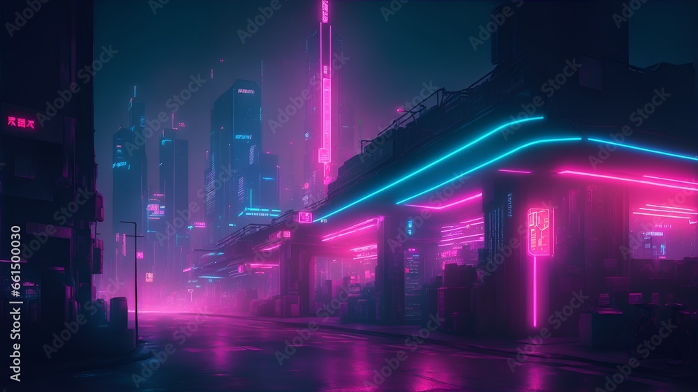 neon lights and signs in a futuristic cyberpunk city. futuristic structures in a cyberpunk city
