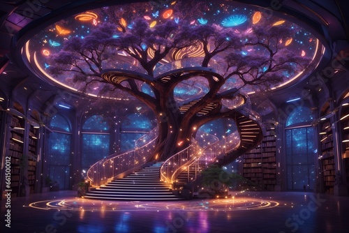 A magical library in a forest at night