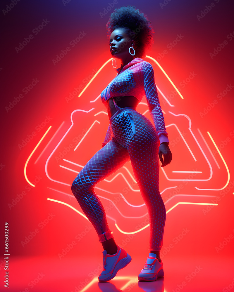 African woman in neon sportswear for fitness and training in the style of futuristic pop, luminous color palette