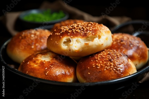 A healthful assortment of meals is presented on the table, including baked stuffed buns. The setup seems to encourage good nutritional habits. Generate Ai