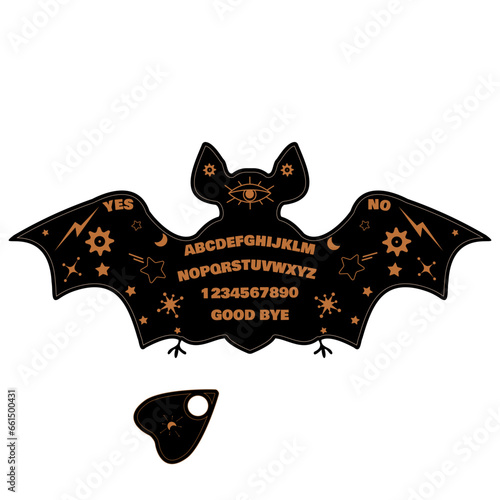 Mysterious Ouija board with a bat design -symbol of the night and mystique. Perfect for Halloween and Witch and magic rithual items,black and orange vector illustration, isolated on a white background