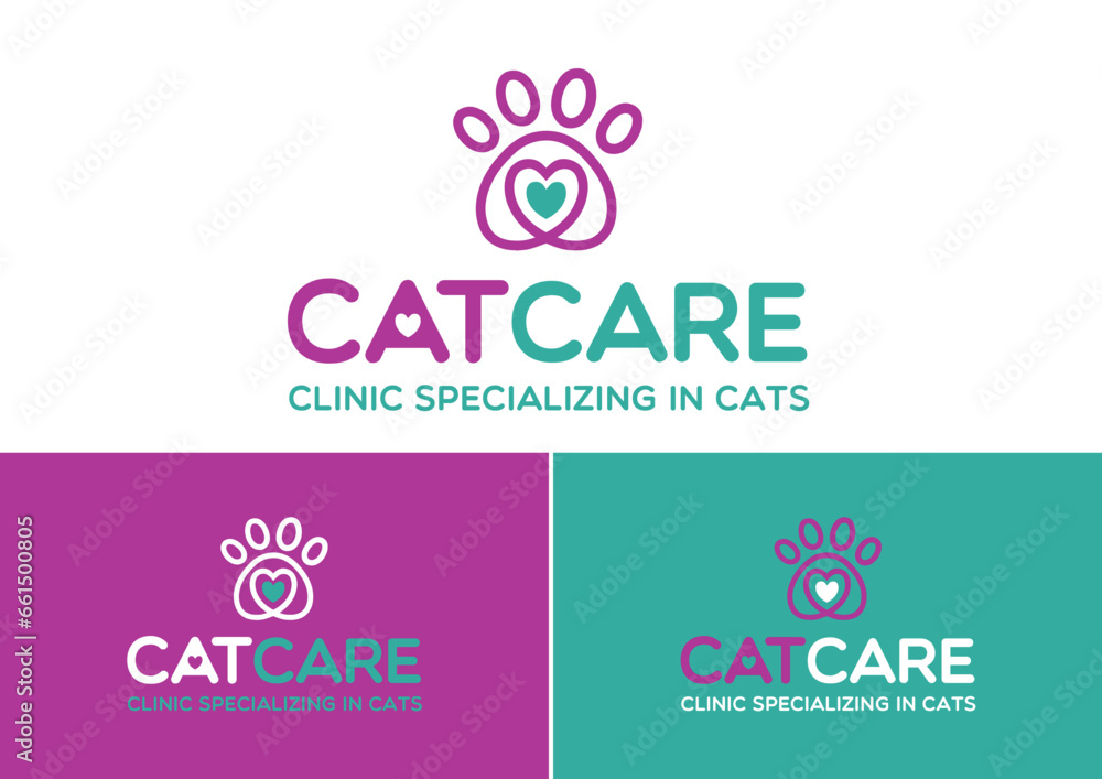 Logo Company Cat Paw Care Design Clinic Specializing Vet Veterinary Animal visual identity brand purple green violet cute love heart Logo Company Cat Paw Care Design Clinic Specializing Vet Veterinary Animal visual identity brand purple green violet cute love heart