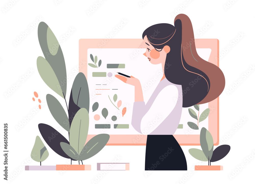 A businesswoman standing in front of a PowerPoint presentation. A businesswoman standing in front of a PowerPoint presentation.