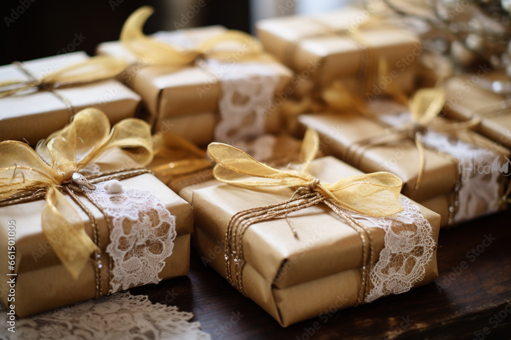 Ochre And Gold Gifts Wrapped With Lace And Burlap Ochre And Gold Gifts Wrapped With Lace And Burlap
