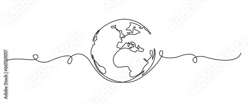 Continuous Earth line drawing symbol. World map one line art. Earth globe hand drawn insignia. Stock vector illustration isolated on white background