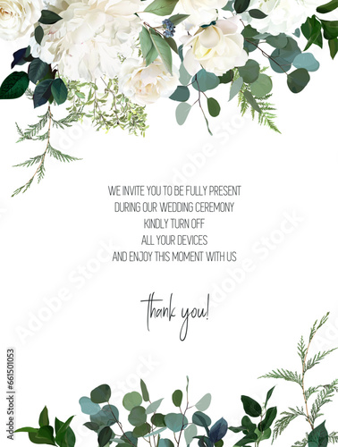 Classic white peony, ivory rose flowers, cedar branch, eucalyptus, fern, salal, greenery vector design