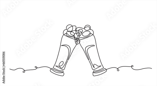 International Beer Day art vector background, banner, poster with lettering cheers. Beer mugs one line art illustration.