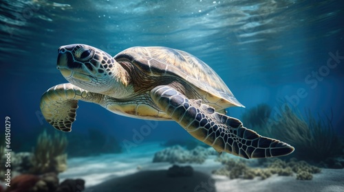 Green turtle swimming underwater ocean © Fadil