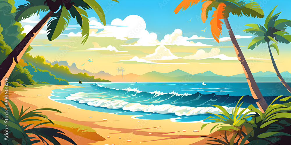 Tropical beach with sunset and palm tree