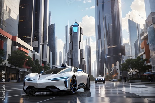 In a bustling metropolis of towering skyscrapers and advanced tech, a futuristic robot confidently navigates a sleek self-driving car, epitomizing the harmonious blend of AI and urban living © Thiyanga