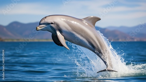 Dolphins jumping on water with beautiful sea view and blue sky