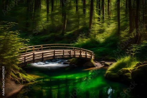 A picture of a green flowerful tranquil forest with a winding river and a small wooden bridge t taken with sony a7m4 shows the Tyndall effect in the sun, sunny days, warm spring --testp --creative  photo