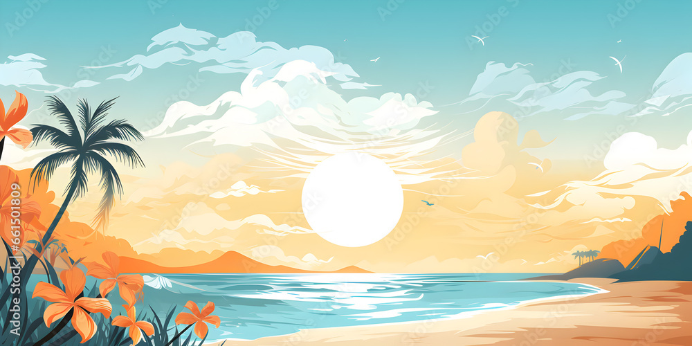 Summer beach with sunset background