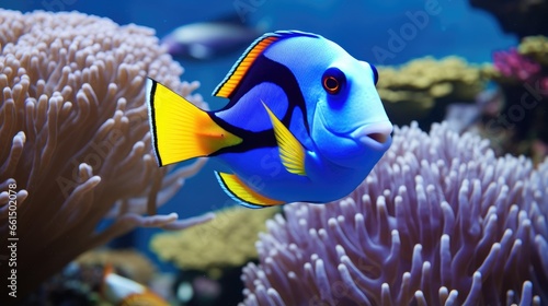 Blue tang, surgeon fish with anemone background photo
