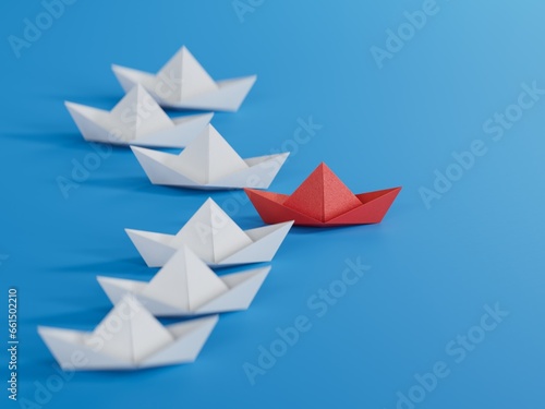 Different business concept.new ideas. paper art style. creative idea.Business competition concept with Colorful paper ships.3D rendering on blue background. 