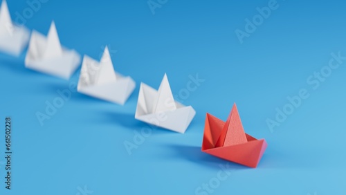 Different business concept.new ideas. paper art style. creative idea.Leadership concept with red paper ship leading among white.3D rendering on blue background. 