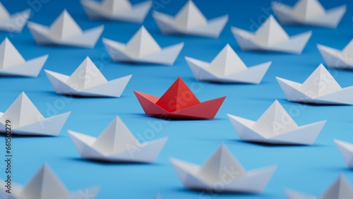 Fototapeta Naklejka Na Ścianę i Meble -  Different business concept.new ideas. paper art style. creative idea. red leader boat, standing out from the crowd of white boats.3D rendering on blue background.
