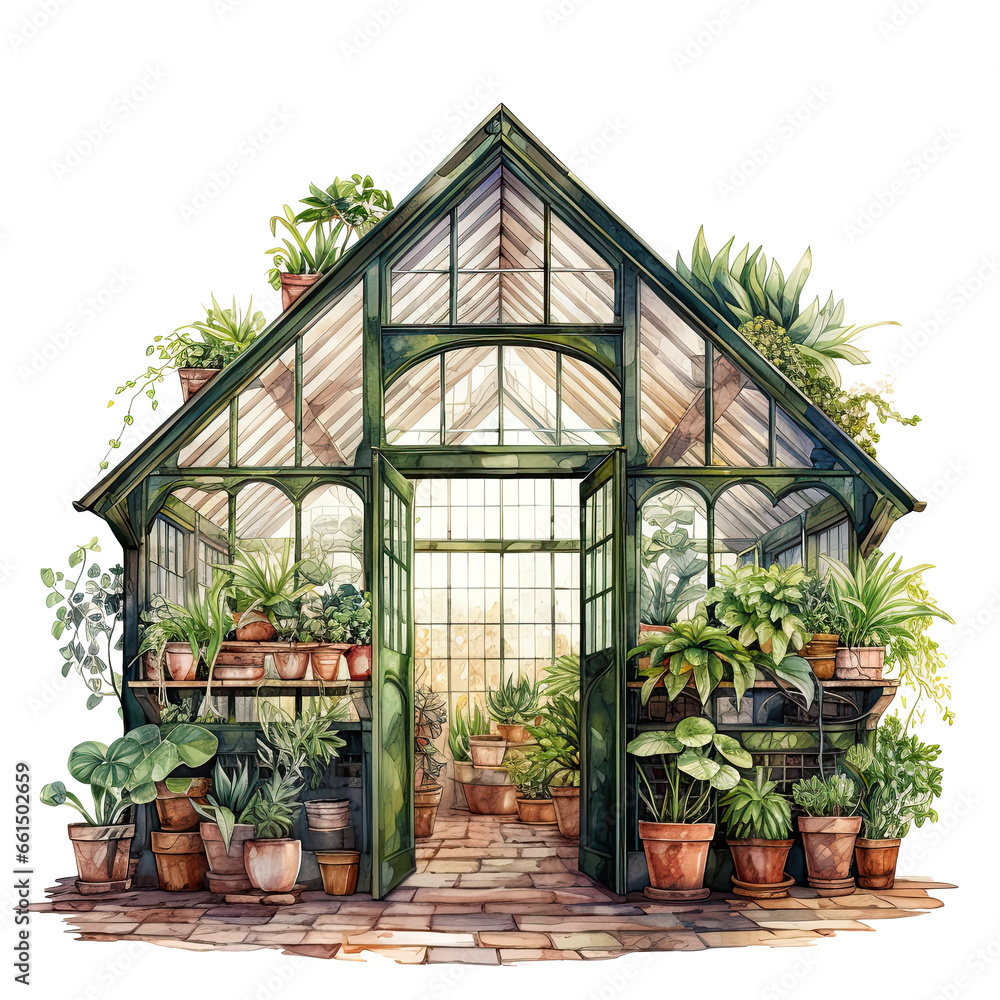 Fototapeta premium Botanical Watercolor Art, Spiky Cacti in a Serene Greenhouse Setting