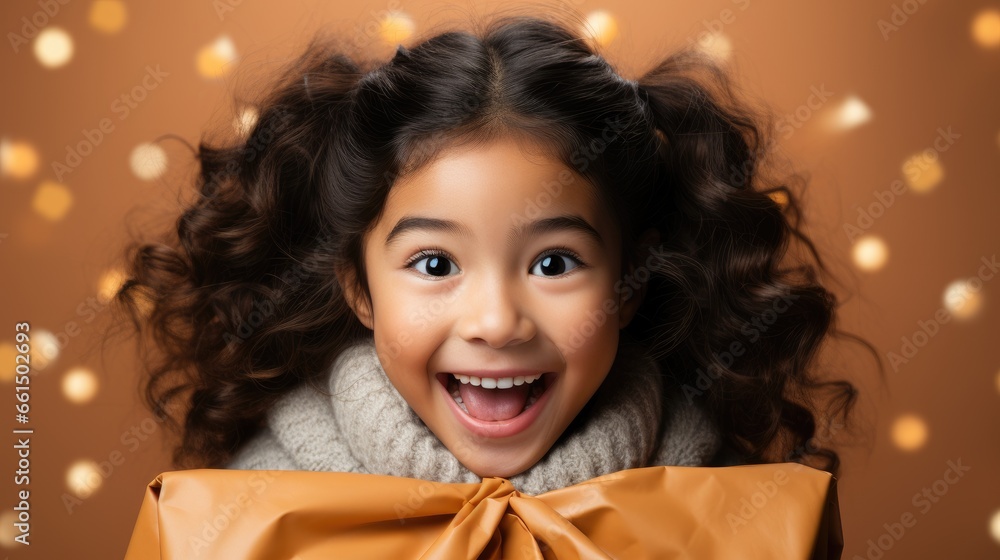 Girl giving Christmas and New Year party gift box on color background. Girl giving Christmas and New Year party gift box on color background.