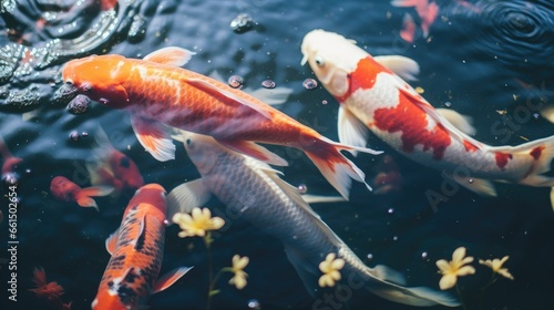 Group of colorful koi fish on the surface water in the pond garden