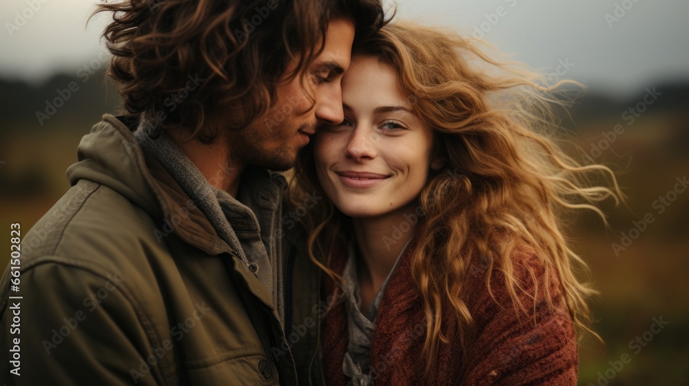 a couple in love against the backdrop of an autumn field