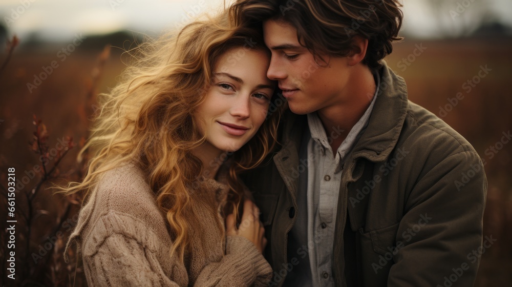 a couple in love against the backdrop of an autumn field a couple in love against the backdrop of an autumn field