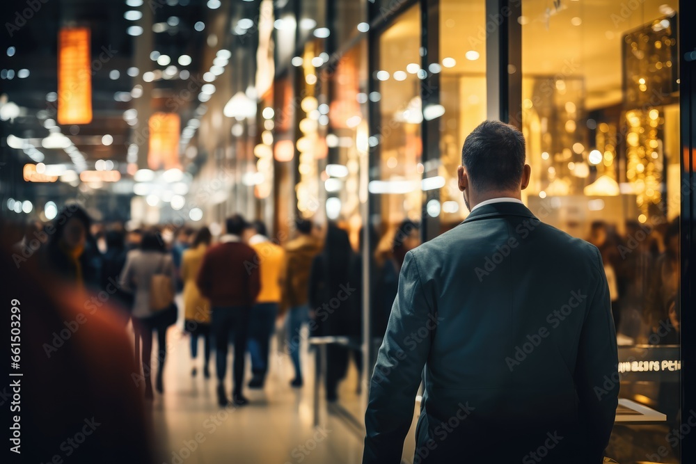 Midnight sale event in a shopping mall, festive lights and eager shoppers captured - Night-time Retail Rush - Defocused - AI Generated