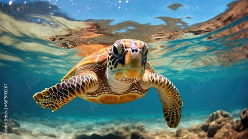 Sea turtle swims under water on the coral reefs