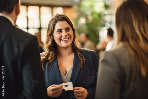 Plus-size business professional networking at a corporate event, exchanging business cards - Building Connections - AI Generated photo