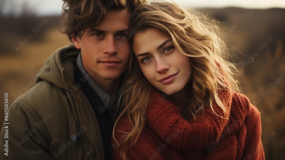 a warm portrait of a couple in love in gray fall a warm portrait of a couple in love in gray fall