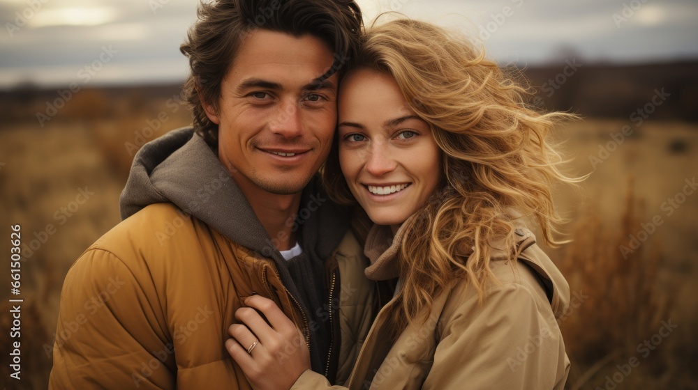 a warm portrait of a couple in love in gray fall - obrazy, fototapety, plakaty 