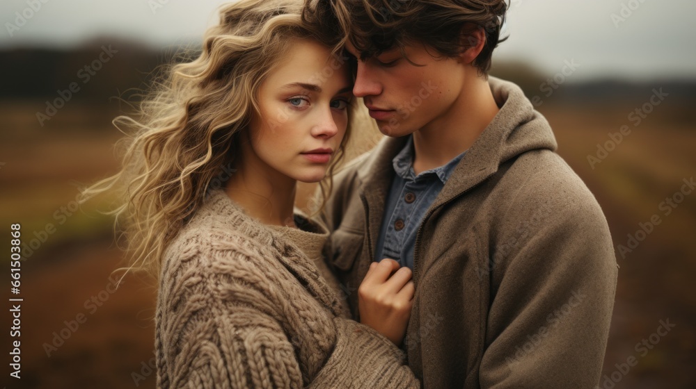 a couple in love in sweaters snuggling up together. a couple in love in sweaters snuggling up together.