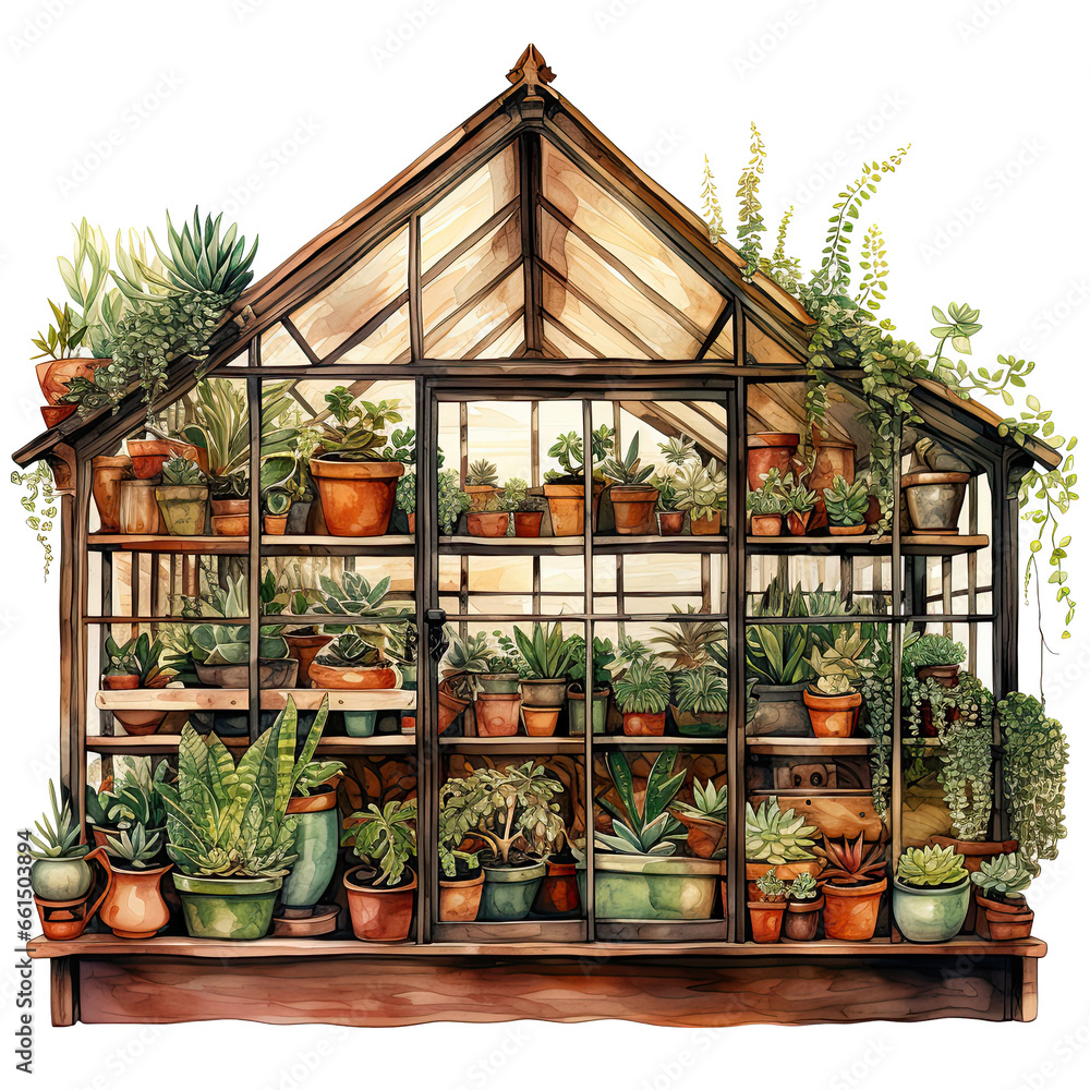 Botanical Watercolor Art,  Spiky Cacti in a Serene Greenhouse Setting