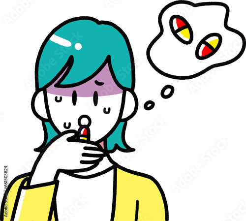 体調不良で薬を飲む女性のシンプルな線画
