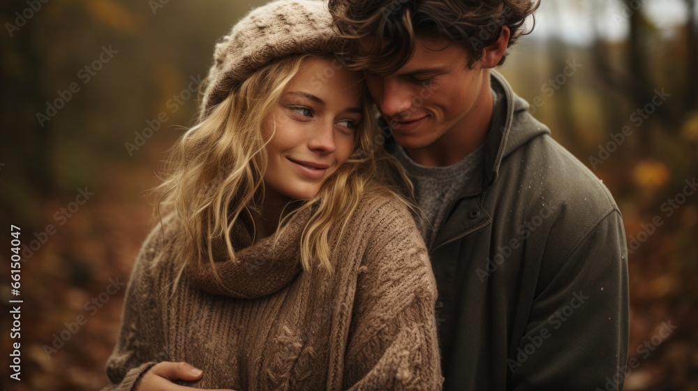 Fototapeta premium a couple in love in sweaters snuggling up together.