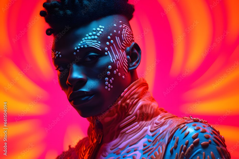 Portrait of  Fashion African man with neon costume and glasses in style of retro futurism, colorful bright cool  look