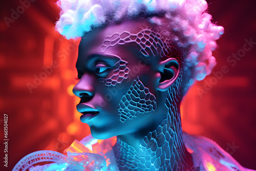 Portrait of  Fashion African man with neon costume and glasses in style of retro futurism  colorful bright cool  look