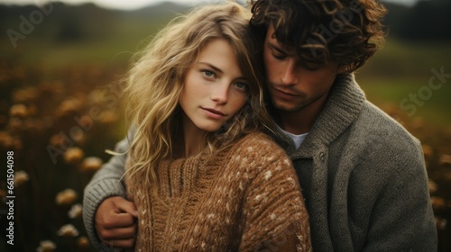 a couple in love in sweaters snuggling up together.