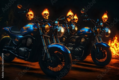 The Teletubbies on a motorcycle with flames and skulls, realistic, cinematic,