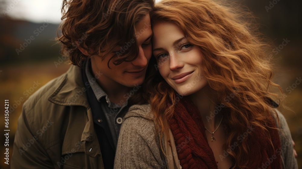 Fototapeta premium a couple in love in sweaters snuggling up together.